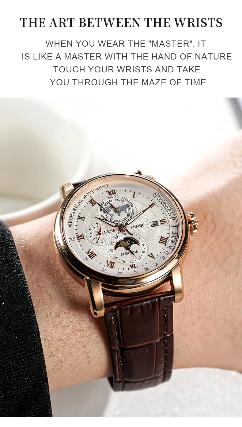 Мужские автоматические часы Reef Tiger, 42,5 мм, винтажные механические наручные часы, 50 м, водонепроницаемые, с сапфировым стеклом, с несколькими циферблатами, месяца, неделя, дата