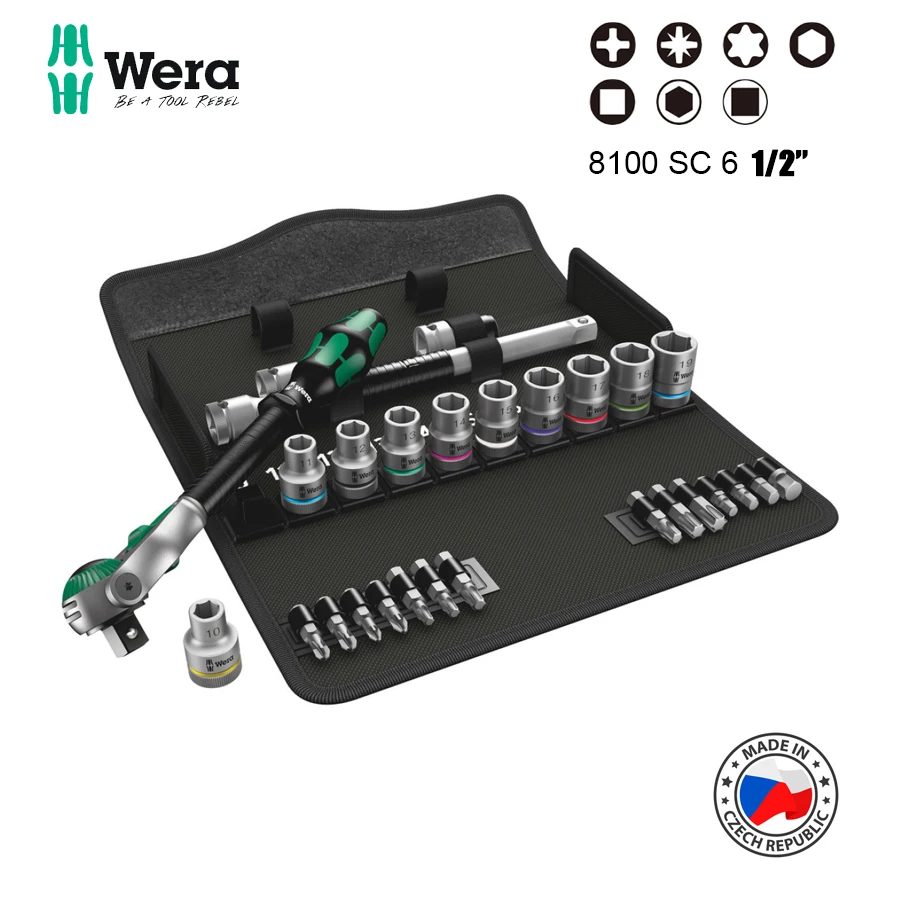 

WERA 8100 SC 6 Zyklop Speed Ratchet Set 1/2" Drive Metric 28 Pcs Multifunctional Socket Wrench Sets 05004076001