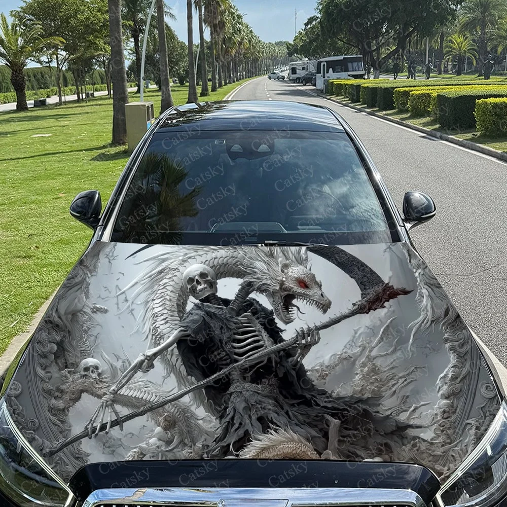 This striking car hood design features a skeleton wielding a scythe, accompanied by a fierce dragon. Perfect for bold, edgy aest