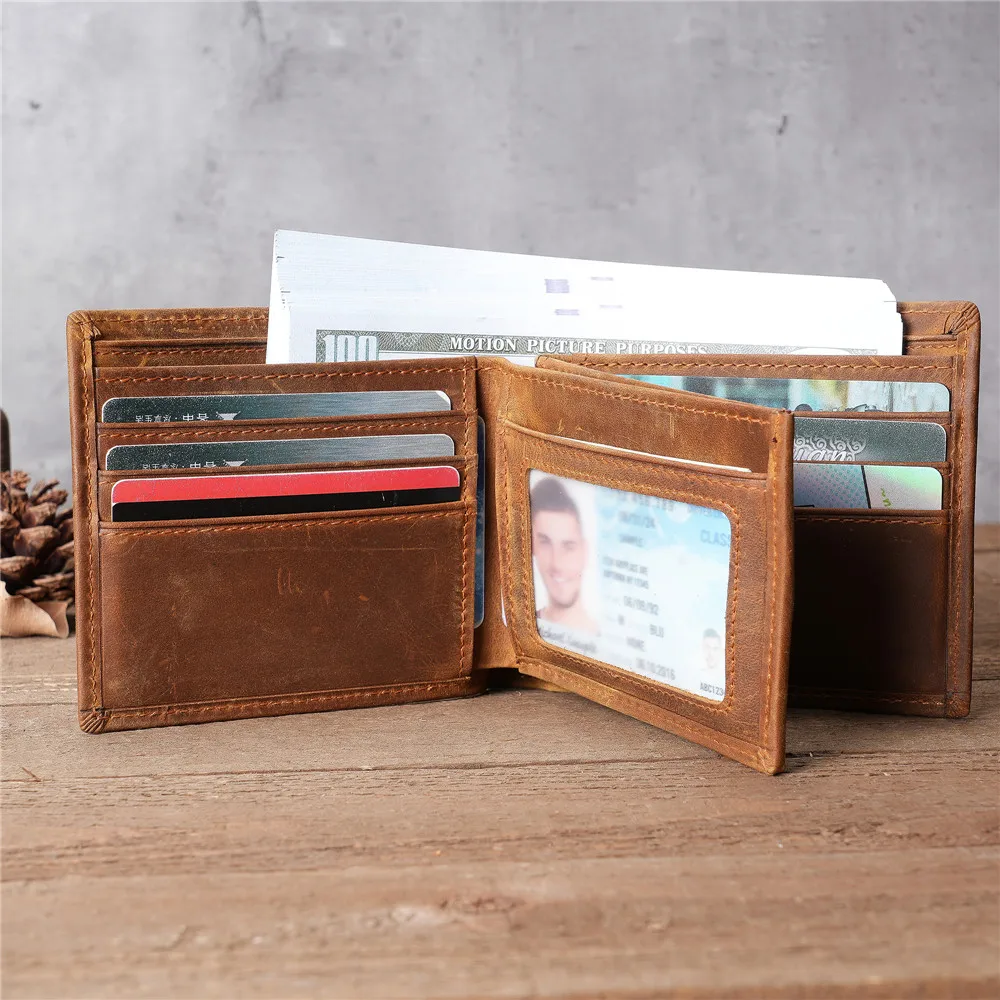 

Short Wallet Genuine Leather with Coin Purse RFID Wallet ID window Male Buisness Billfold Coin Purse Retro Credit Card Wallets