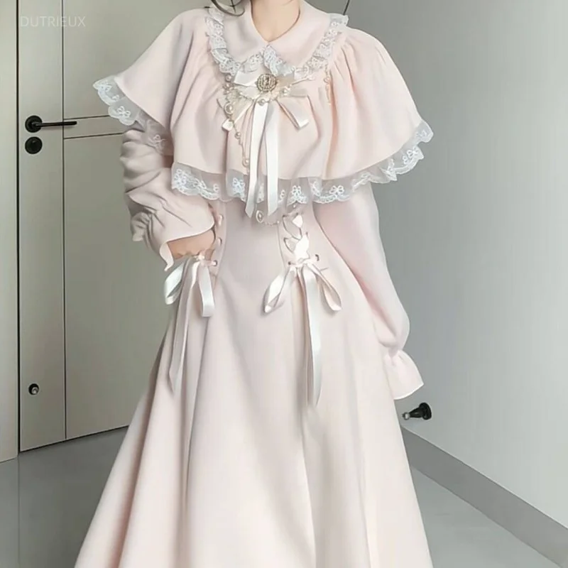 Japanese Fake Two Pieces Cloak Vestidos Y2k Aesthetic Lace Patchwork Fairy Dress Harajuku Grunge Women A-Line Bandage Dresses