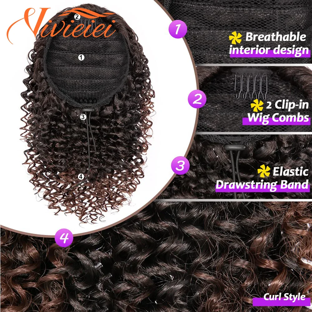 Curto Kinky Curly Ponytail extensão para mulheres negras, cordão, rabo de cavalo sintético Afro com dois clipes