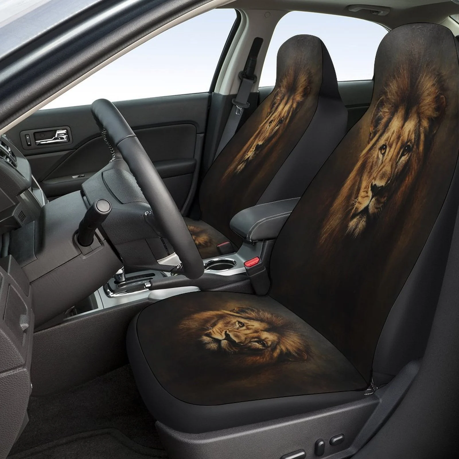 Lion Portrait Designed Car Seat Covers Set For Most Cars, Trendy Novelty Decorative Car Seat Protector Covers Full Set, Univers