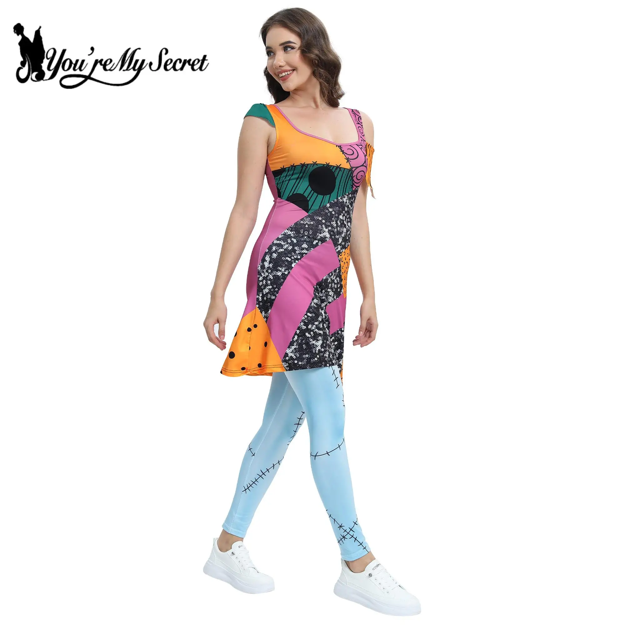 [You\'re My Secret] Women\'s Sleeveless Cosplay Sally Dress Leggings Set Halloween Nightmare Carnival Party Costume Outfit