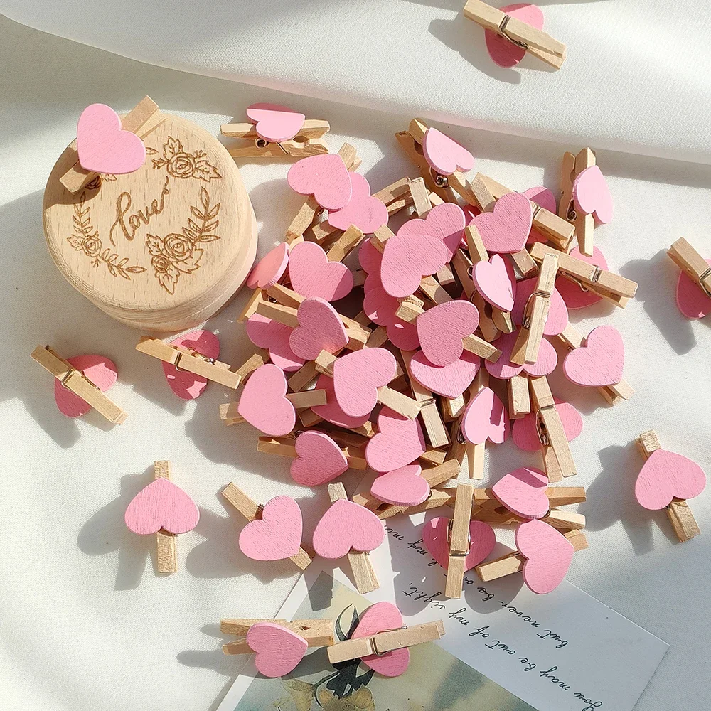 10/50pcs Red Heart Love Wooden Clothes Photo Paper Peg Pin Mini Clothespin Postcard Clips Home Wedding Valentine\'s Day Decorati