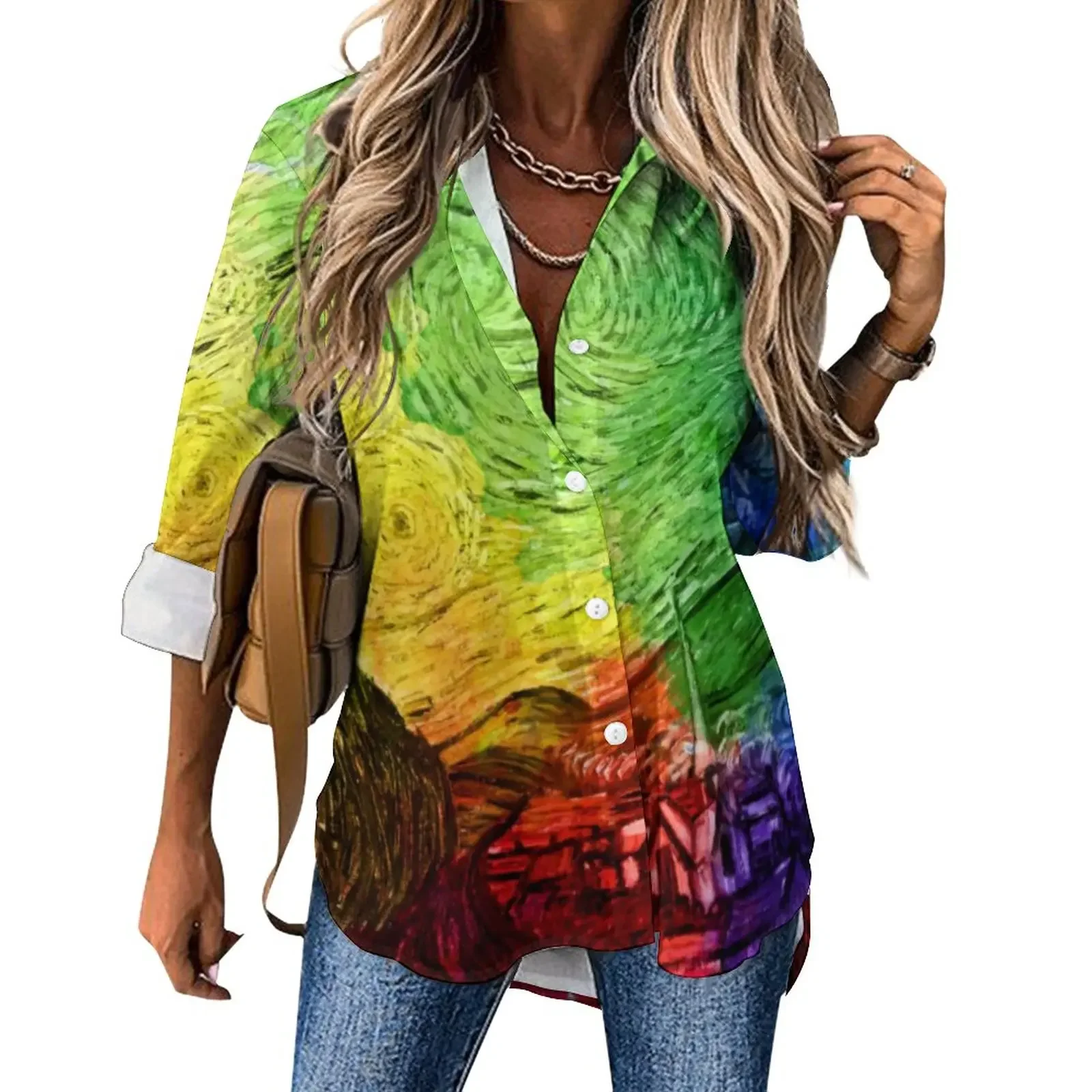 

Starry Night Print Blouse Spring and Autumn Women Streetwear Loose Blouses 2025 New Fashion Long-Sleeve Lapel Shirt Casual Tops
