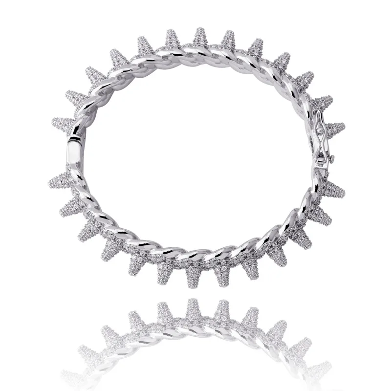 Iced Out Spike Studded Rivet Bangle Bracelet Gold Punk Hip Hop CZ Pave Statement Unique Mens Street Trendy Jewelry Gift for Men