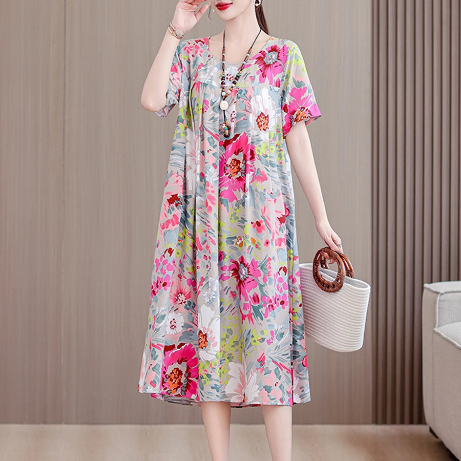 New Casual 2024 Women summer Dress Floral Print short Sleeve Vestidos Elegant Vintage O-Neck Plus size Dresses