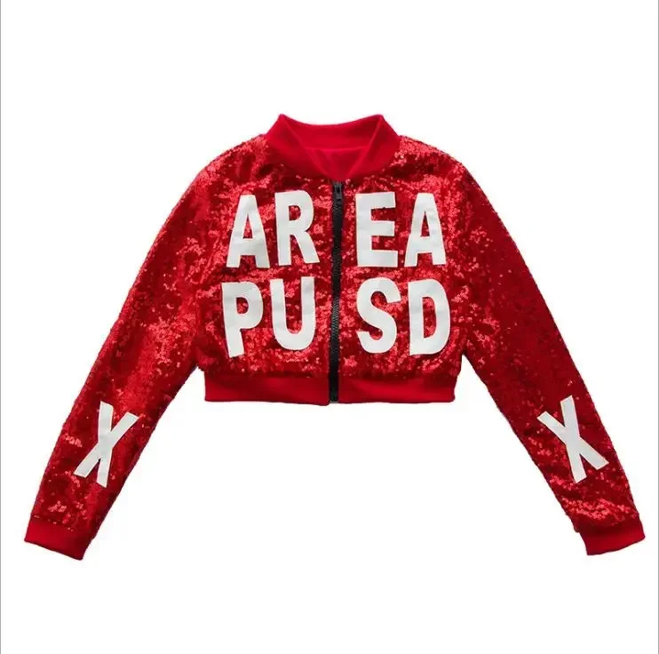Children Kid Girl Boy Red Flash Sequins Glitter Hip Hop Costume Ballroom Jazz Dance Costume Coat Vest Pants Clothes Clothing