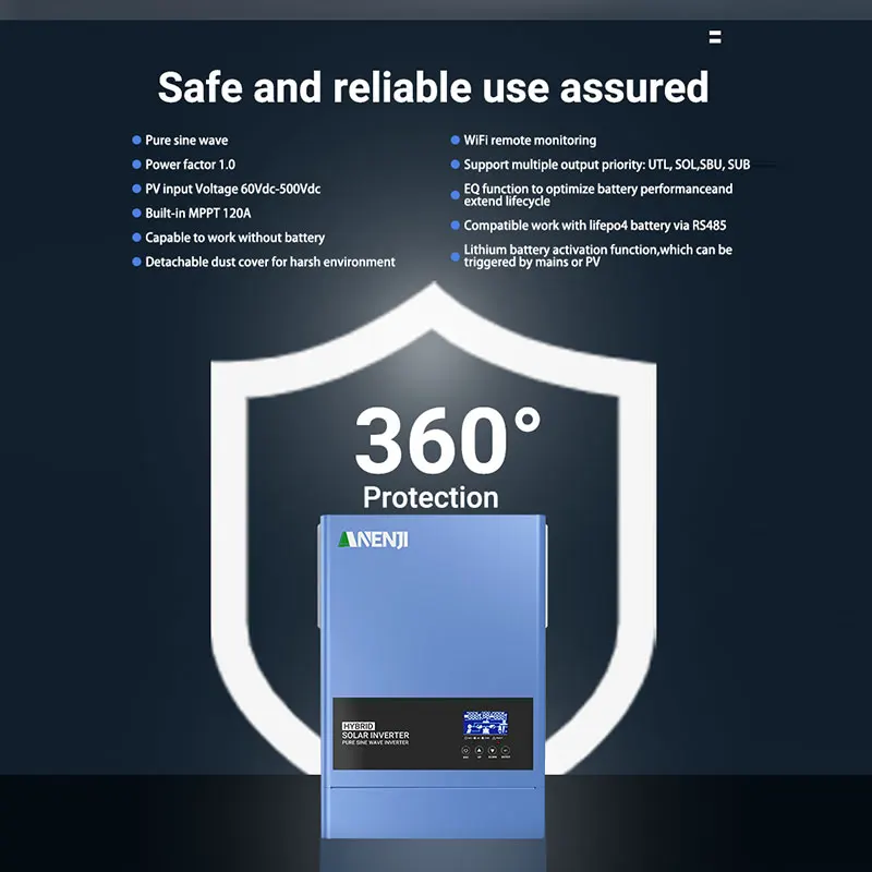 6200 واط 48 فولت عاكس للطاقة الشمسية الهجين 120 فولت التيار المتناوب موجة جيبية نقية واي فاي MPPT LiFePO4 دعم (العاكس هوجبريدو/إنفيرسور) عملية خالية من البطارية