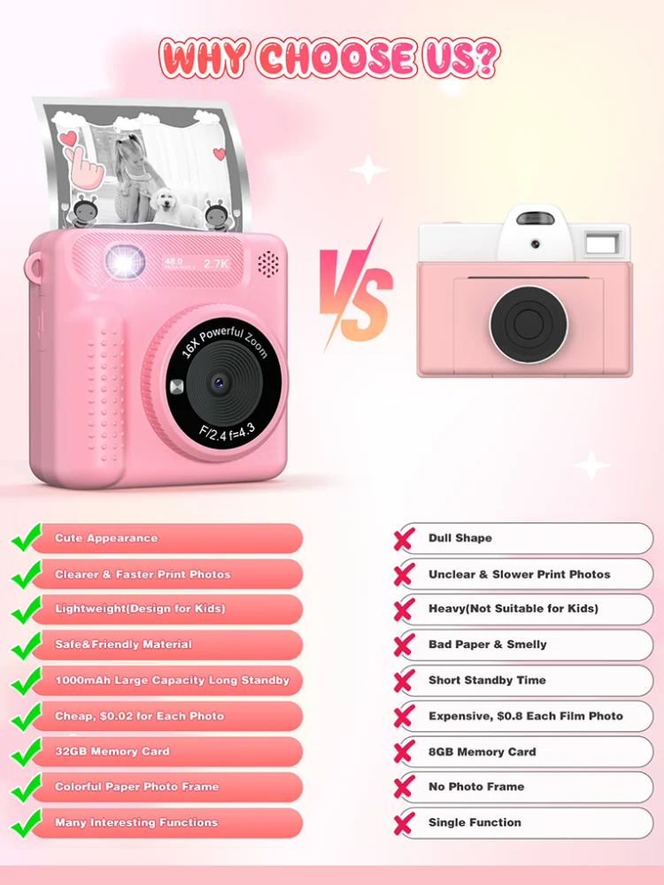 Appareil photo numérique à impression instantanée pour enfants, 12MP, 1080P, vidéo HD, photo imprimée, jouet portable, tout-petit, fille de 3 ans et plus, cadeau de Noël