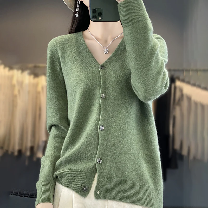 Autumn Winter Women New 100% Merino Wool Sweater V-neck Solid Knitted Cardigan Casual Thick Jacket Loose Soft Knitwear