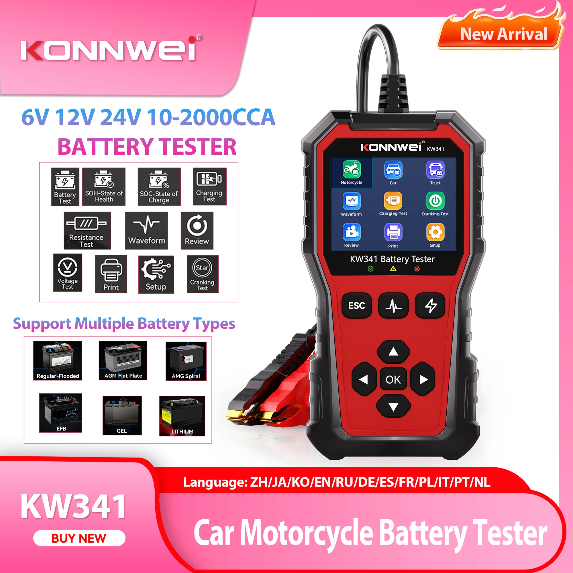 2026 New KONNWEI KW341 Car Moto Truck Battery Tester 6V 12V 24V Fault Data Printing Start Test Car Battery Charging Scan Tool