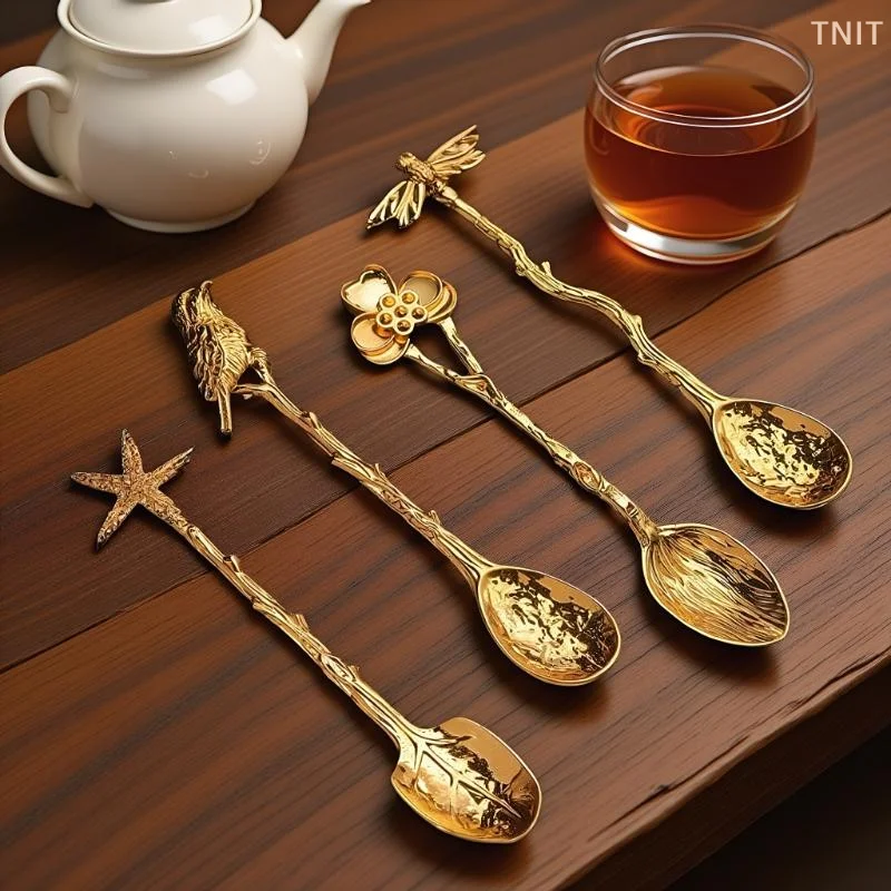 [J] Retro Metal Coffee Spoon Dragonfly Branches Leaves Shape Ice Cream Cake Dessert Milk Mixing Spoon Kitchen Gadgets Tableware
