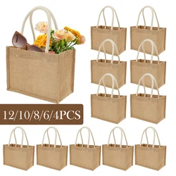 4/6/8/10/12Pcs Burlap Tote Bags Portable Jute Beach Bag with Handles Multipurpose DIY Hand Bags for Shopping Trips Tours Outdoor