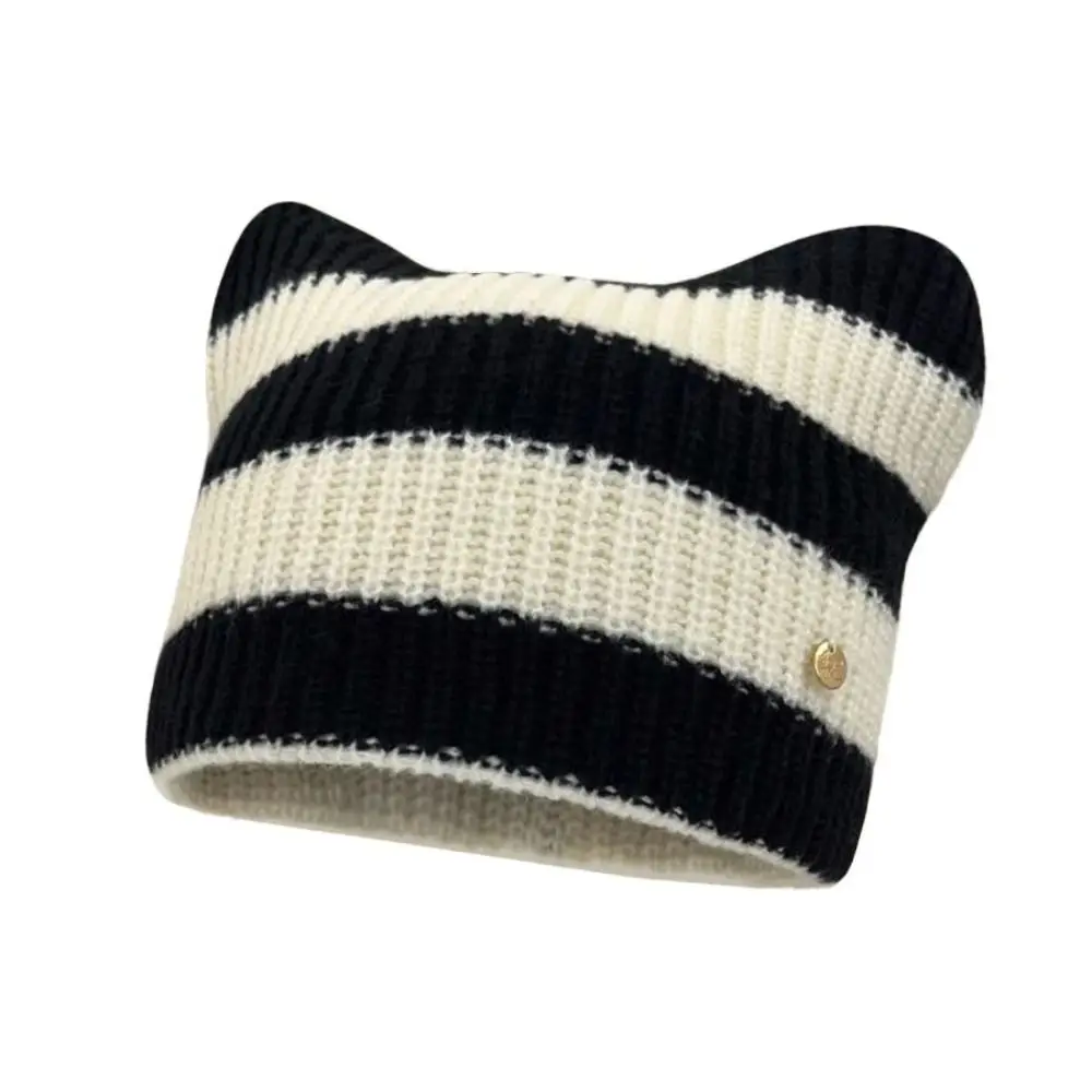 

Soft Y2K Cute Cat Ears Beanie Hats Bear Ears Warm Stripe Knitted Hat Pullover Hat Crochet Litter Demon Cap Girls