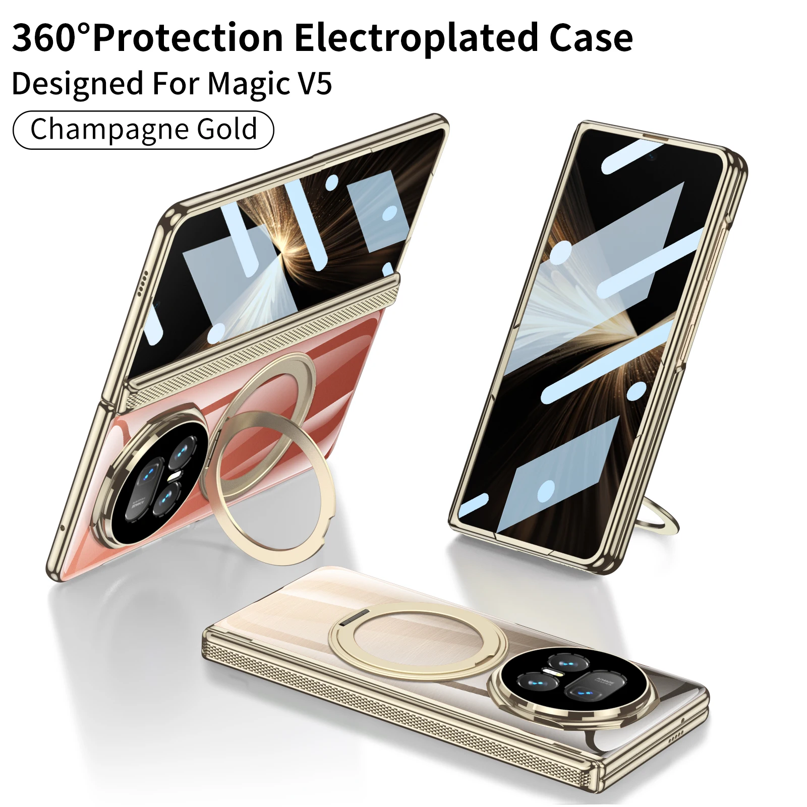 For Honor Magic V5 Magsafe Case Electroplated Transparent Magnetic Rotating Ring Holder Folding Hinge with Tempered Film Cover