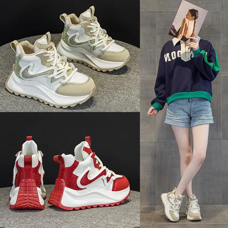 

Women's High Top Sporty Dad Shoes Thick Bottom Platform Rubber Sole Cotton Lined round Toe Casual Sneakers Leather Upper