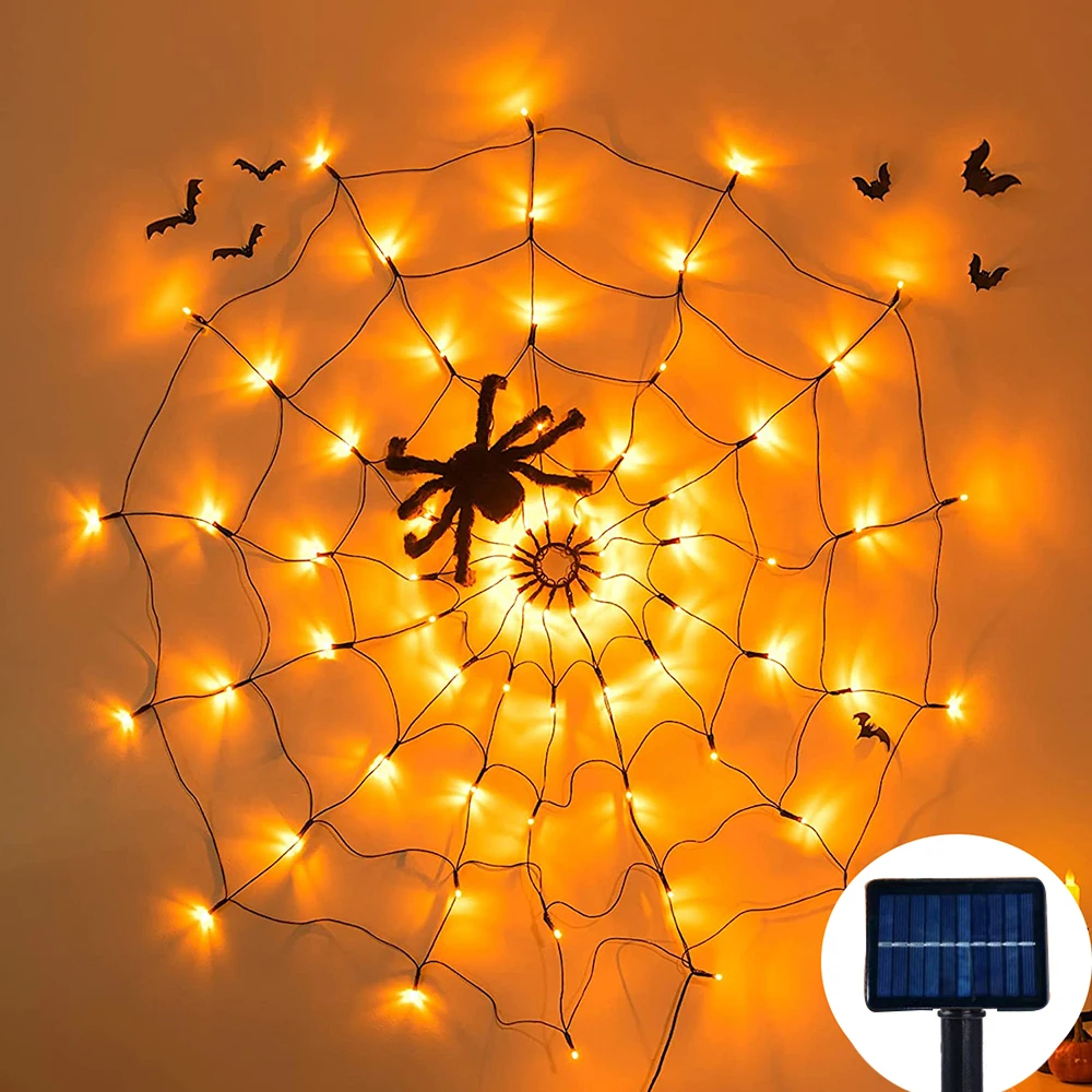 Imagem -06 - Aranha Solar Luzes da Web Halloween Decoração Luz à Prova Impermeável Água Roxo Aranha Net Luzes Modos de Halloween Janela Festa Quintal Decoração