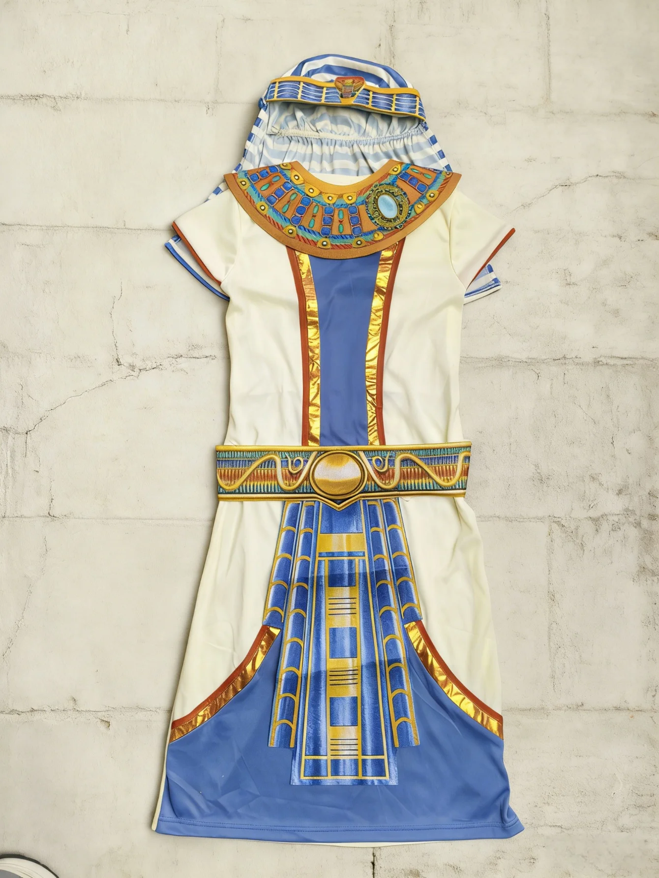 Kids Ancient Egyptian Pharaoh Costume Striped Nemes Headdress Decorative Collar Tunic Outfit - view 2