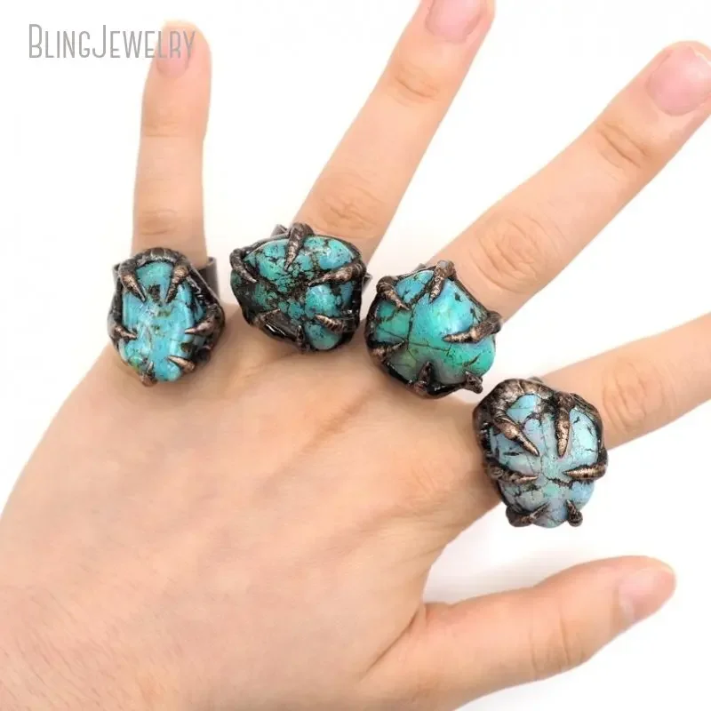 Claw Turquoise Crystal Gemstone Women Adjustable Ring Goth Witch Boho Talisman Jewelry