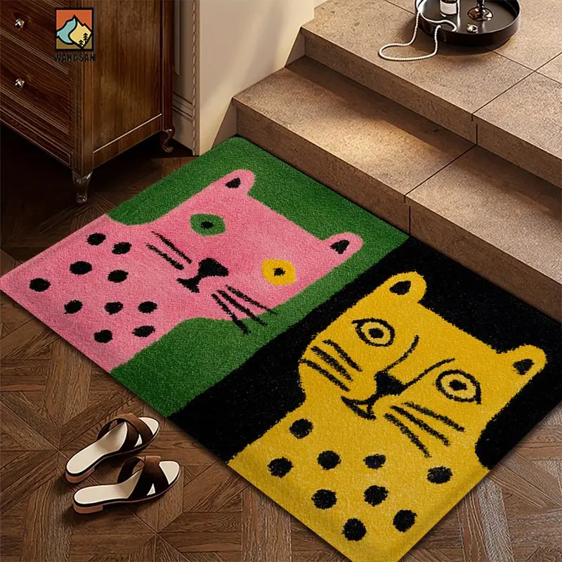 VIKAMA Color Block Leopard Doormat Abstract Cartoon Animal Print Non‑Slip Floor Mat Entryway Porch Home Decor