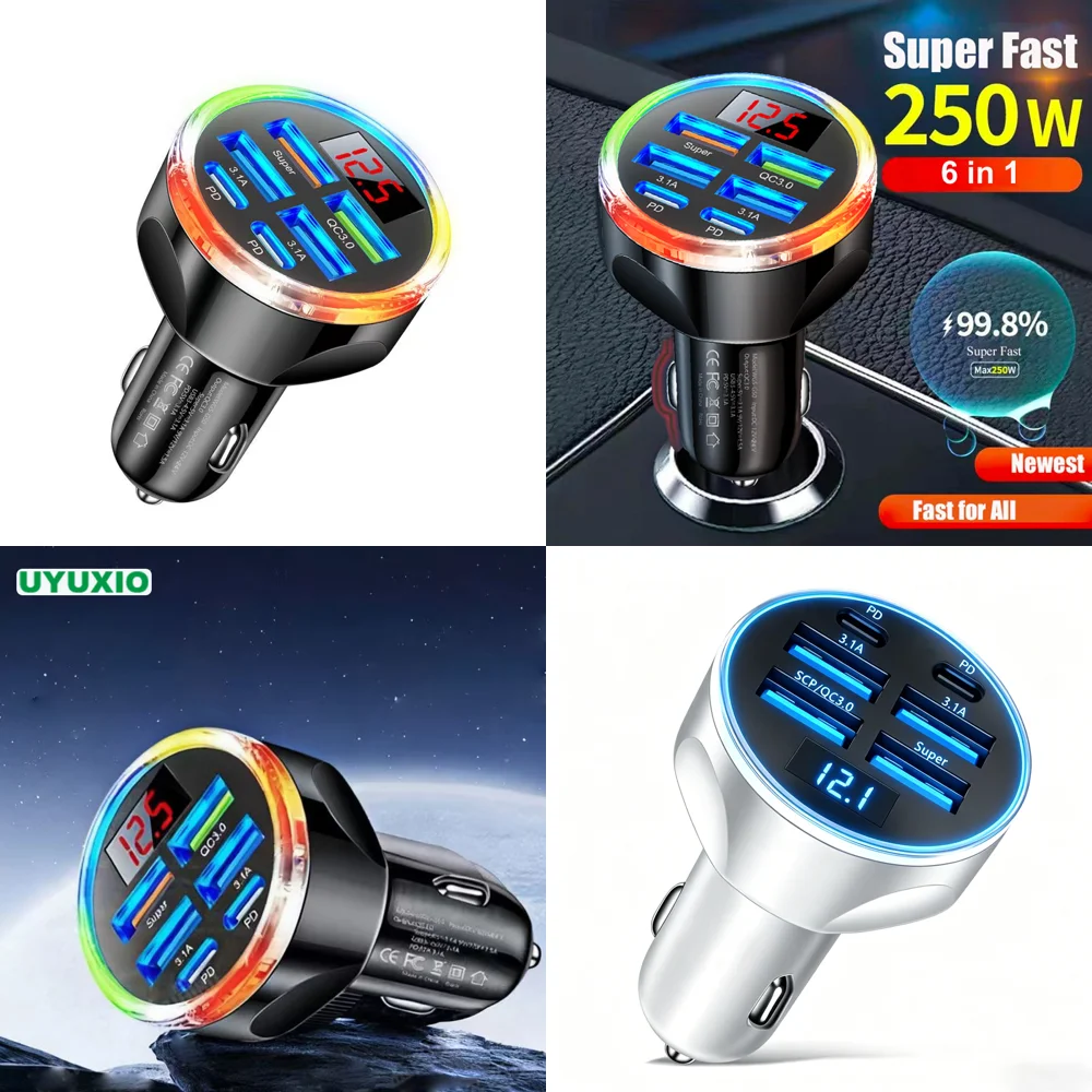 2026 New Arrivals 2 PD 4 USB a USB C Car Charger with Voltage Display Multi Port Super Fast Charge Adapter with Volt Meter