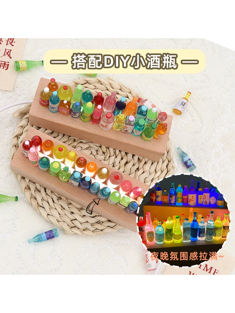 DIY Mini Bottle Night Light Bedside Bedroom Sleep Decorative Table Lamp Rectangular LED Luminous Wood Base