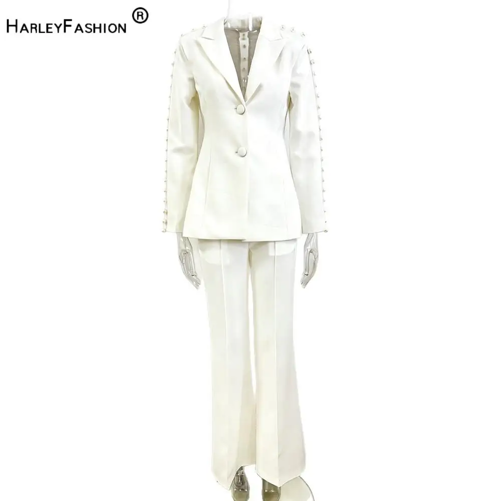 Lady European Style Office Fine Workmanship Beading Suit Notched Long Sleeve Mesh Patchwork Blazer Flared Pants Women Solid 2Pcs