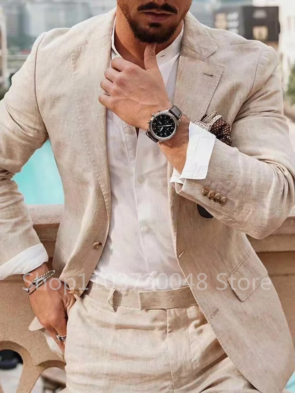 

Льняной комплект из двух предметов, бежевый/синий мужской костюм, куртка с лацканами, приталенный смокинг для жениха, пиджак, брюки, комплекты свадебного костюма для выпускного вечера, Homme