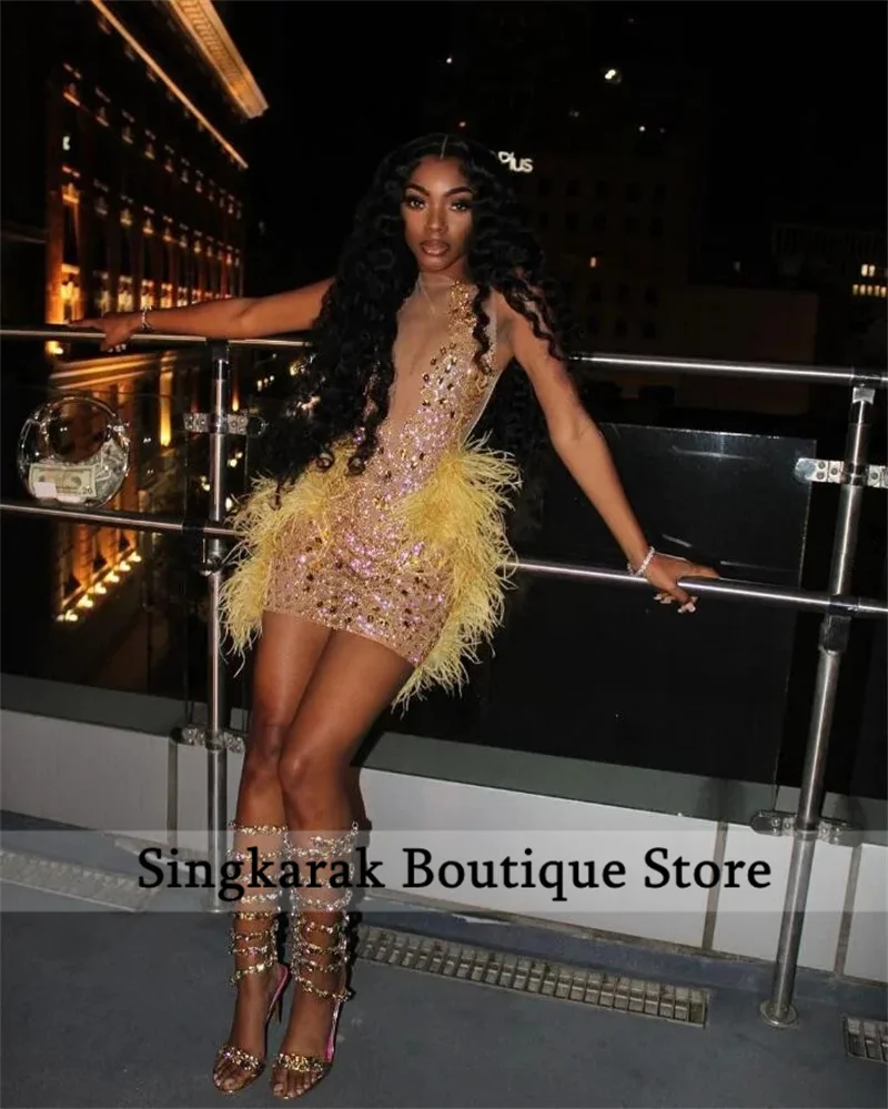 Sparkly Pink Mermaid Short Prom Dress Glitter Bead Crystals Rhinestones Feathers Cocktail Birthday Party Gown Customized image 5