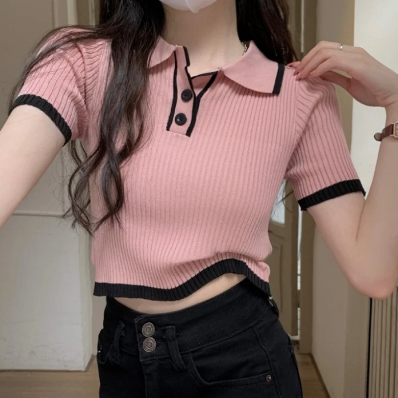 Contrast Color Polo Collar Shoulder Knitted Short Sleeves T-shirt Women\'s Summer Slim-Fitting Design Sense Niche Short Tops