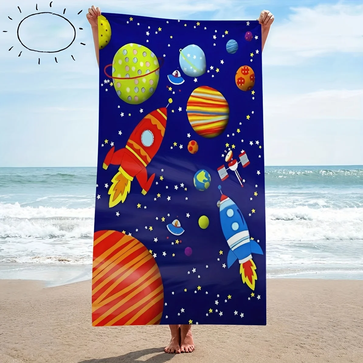 1PC Ultra Soft Quick-Dry Space Element Pattern Beach Towel, Sand-Free Super Absorbent, Ideal for Boys Travel, Pool, Camping, Yog