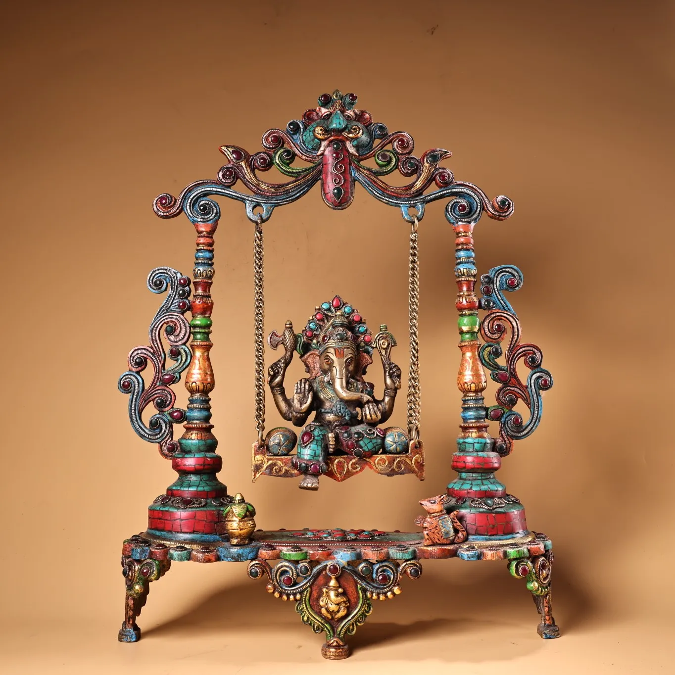 

17"Tibetan Temple Collection Old Bronze Outline in gold Mosaic Gem Turquoise Ganesha Phoenix Buddha Platform Swing Worship Hall