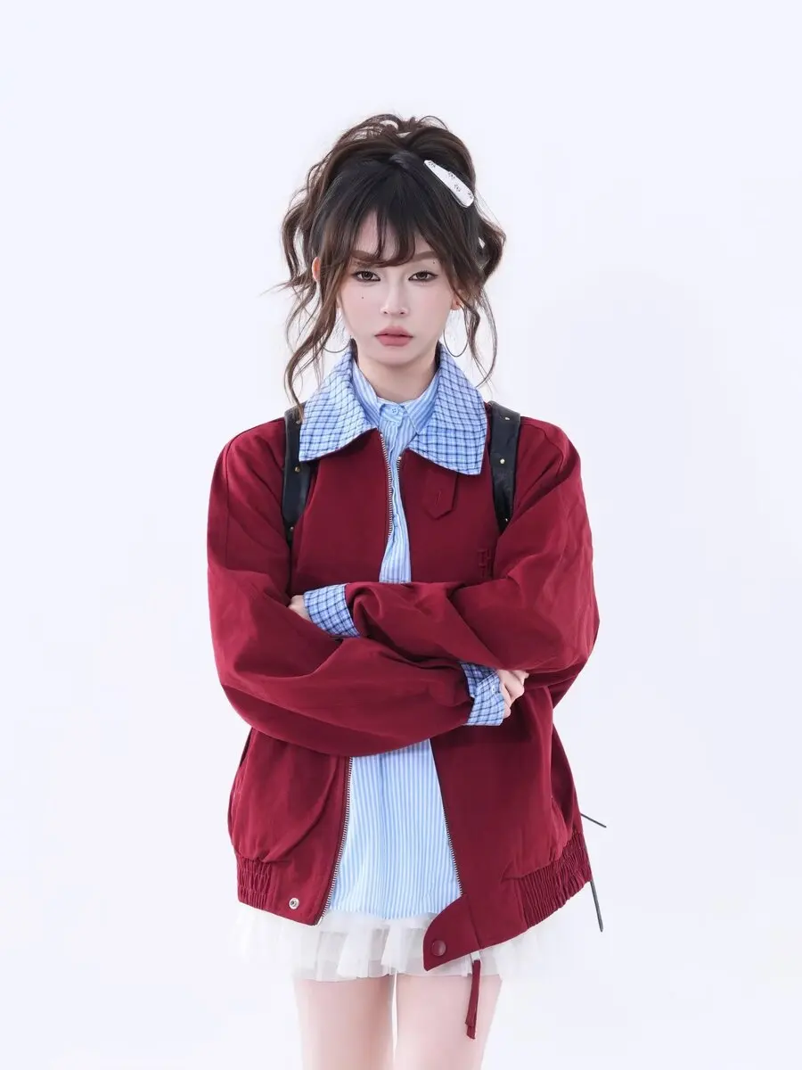 따뜻한 내마모성 체크 패치워크 칼라 소매 재킷 학생 커플용 프레피 스타일 아우터웨어 면 혼방 유니섹스