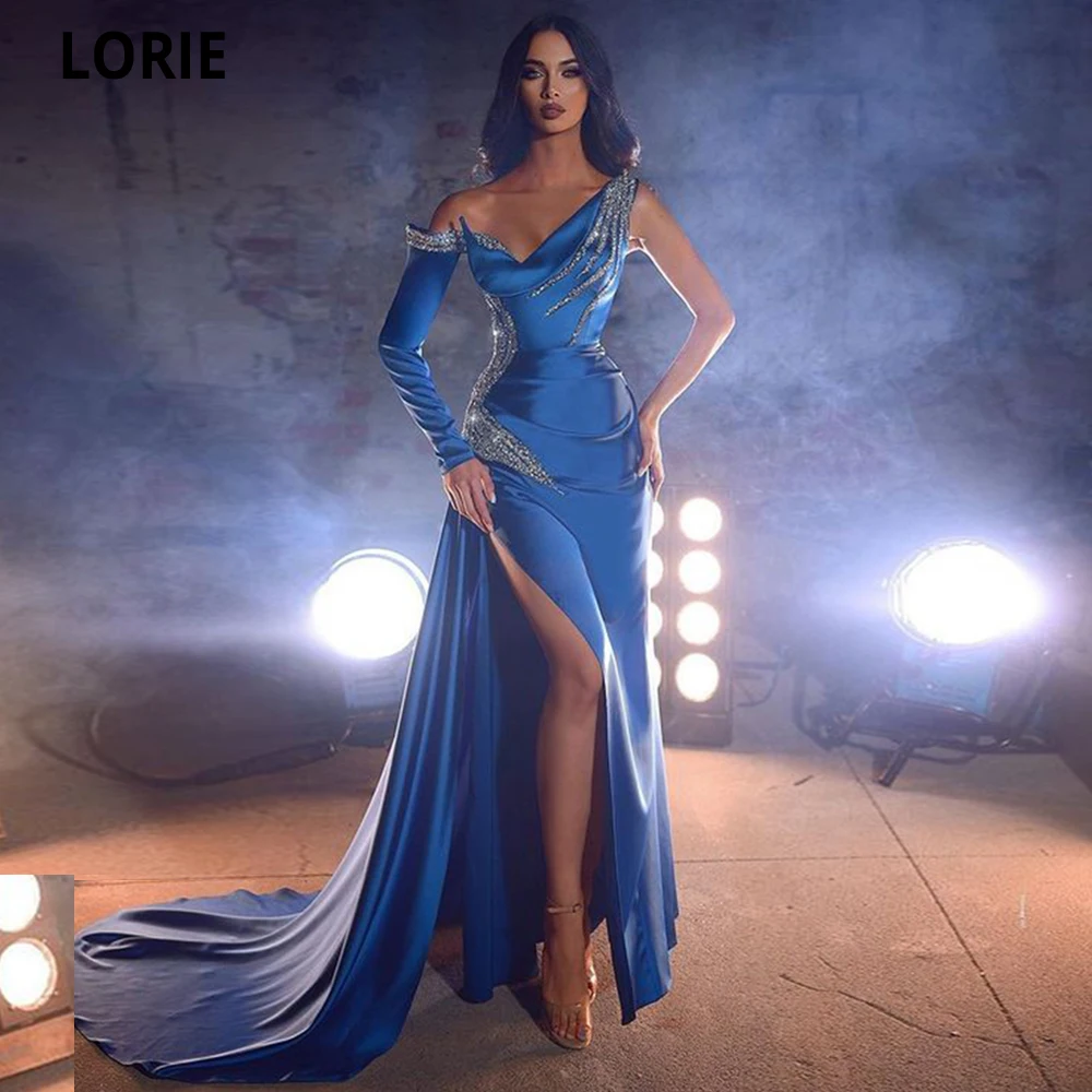 

LORIE Sexy Side Split Straps Prom Dresses 2022 Women Elegant Sleeves Beadings Mermaid Evening Vestidos De Fiesta Robes De Soirée