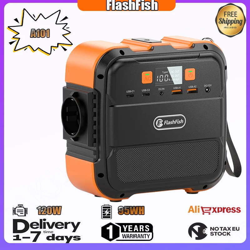 Estación de Energía Portátil Flashfish A101 Mini, Batería de Litio de 98Wh, Generador Solar de 120W, Respaldo de Energía para el Hogar, Camping al Aire Libre, Energía Móvil