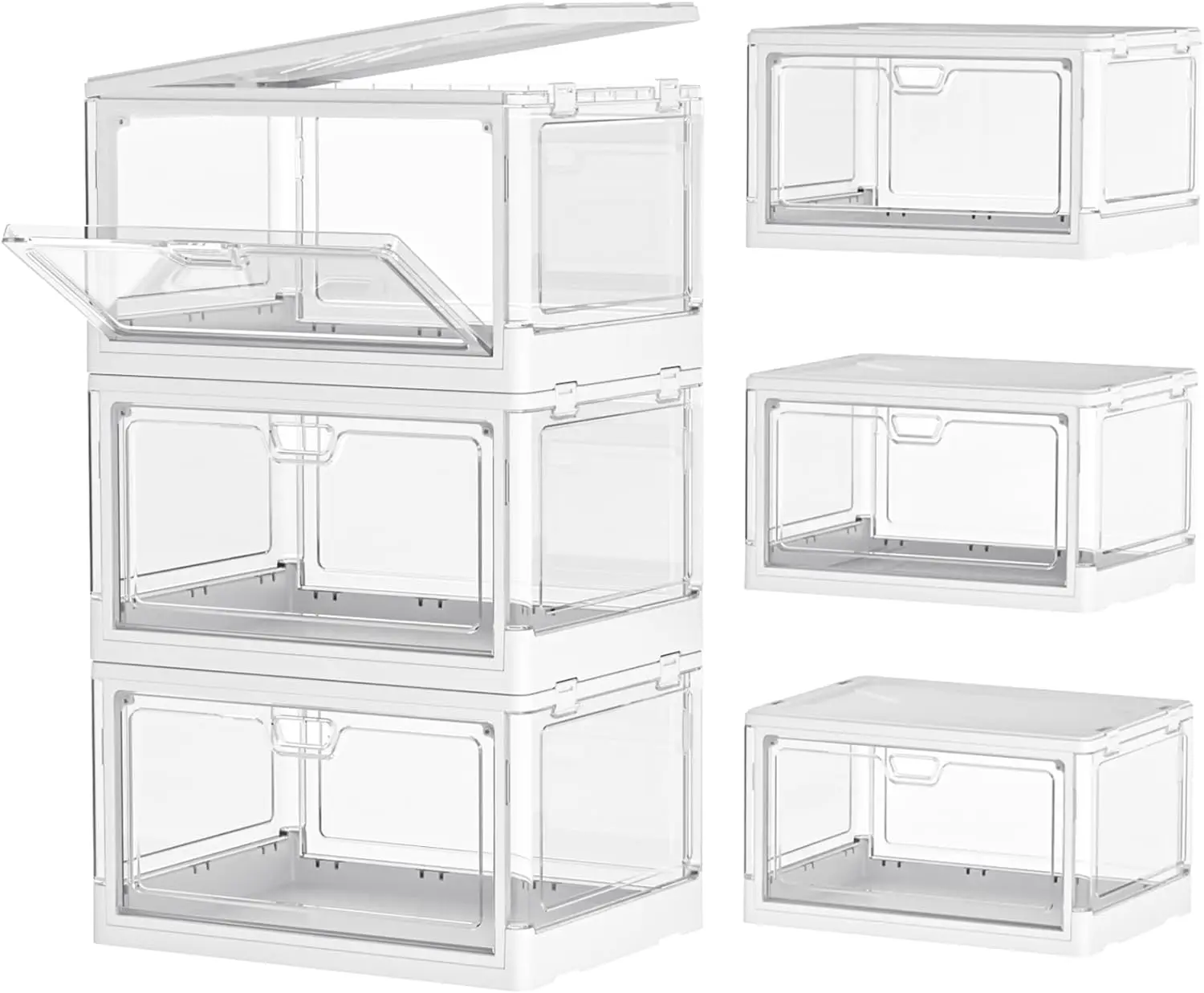 

3-Pack Clear Stackable Storage Bins with Lid and Magnetic Door, Foldable for Home Organization