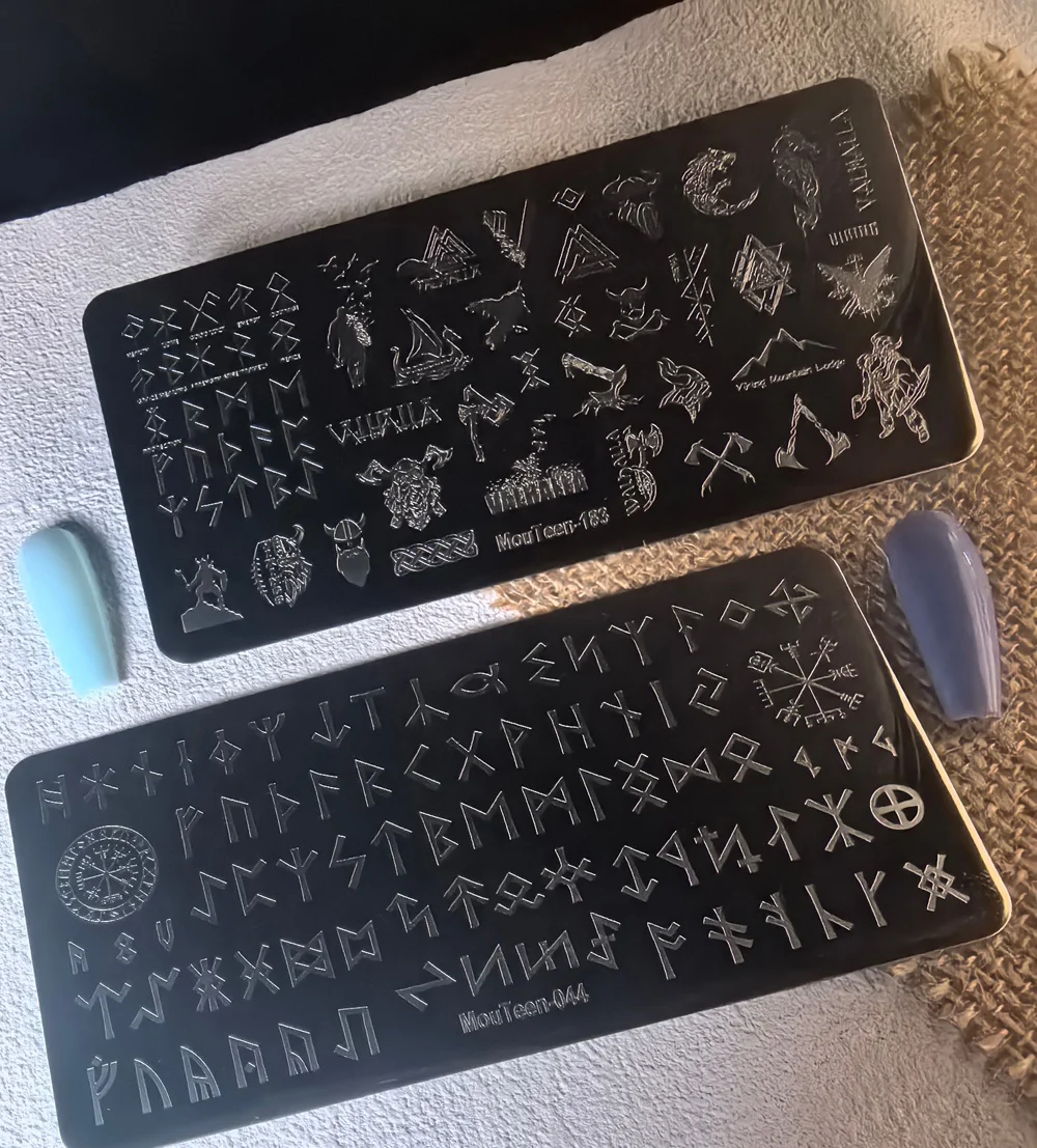 2Pcs Viking Rune Symbol Nail Stamping Plates Set Stainless Steel Runic Alphabet DIY Nail Art Stamp Plate MouTeen183/044