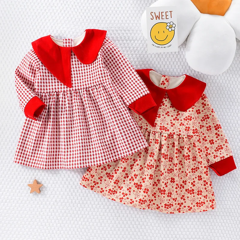 

2024 Autumn Winter Clothes Baby Girls Dress Fashion Toddler Floral Print Lapel Dresses Kids Warm Thick Princess Birthday Costume