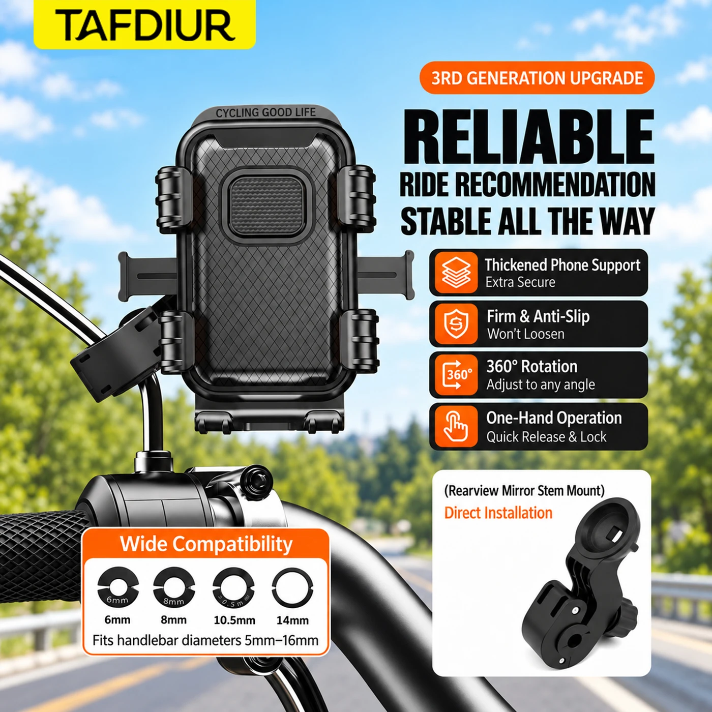 Tafdiur 1-Piece Abs Material Press-To-Unlock Motorcycle Phone Mount, Suitable for Motorcycles/Electric Scooters, Etc., with Six-Claw Stable Locking + Shock-Absorbing Airbag, No Need to Remove the Rearview Mirror for Installation, 360-Degree Rotation ° Rotating Adjustment, Compatible with Various Smartphones view 5