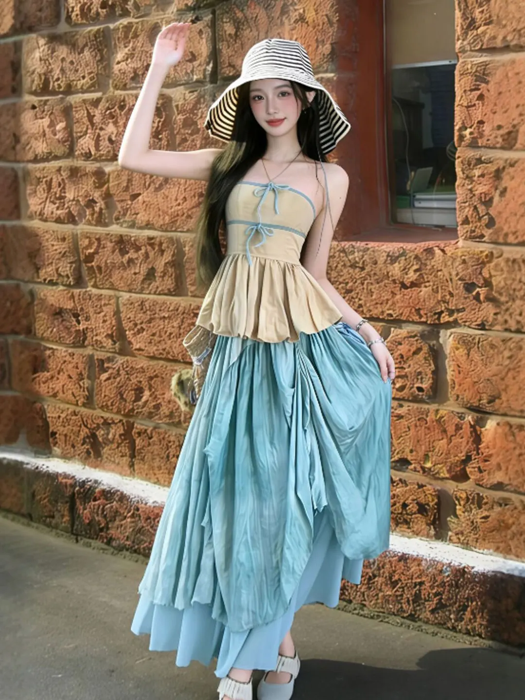 

Beach Vacation Style Top And Skirt Two-Piece Set Summer 2026 Comfortable Breathable Casual Outfit for Women Youth Date