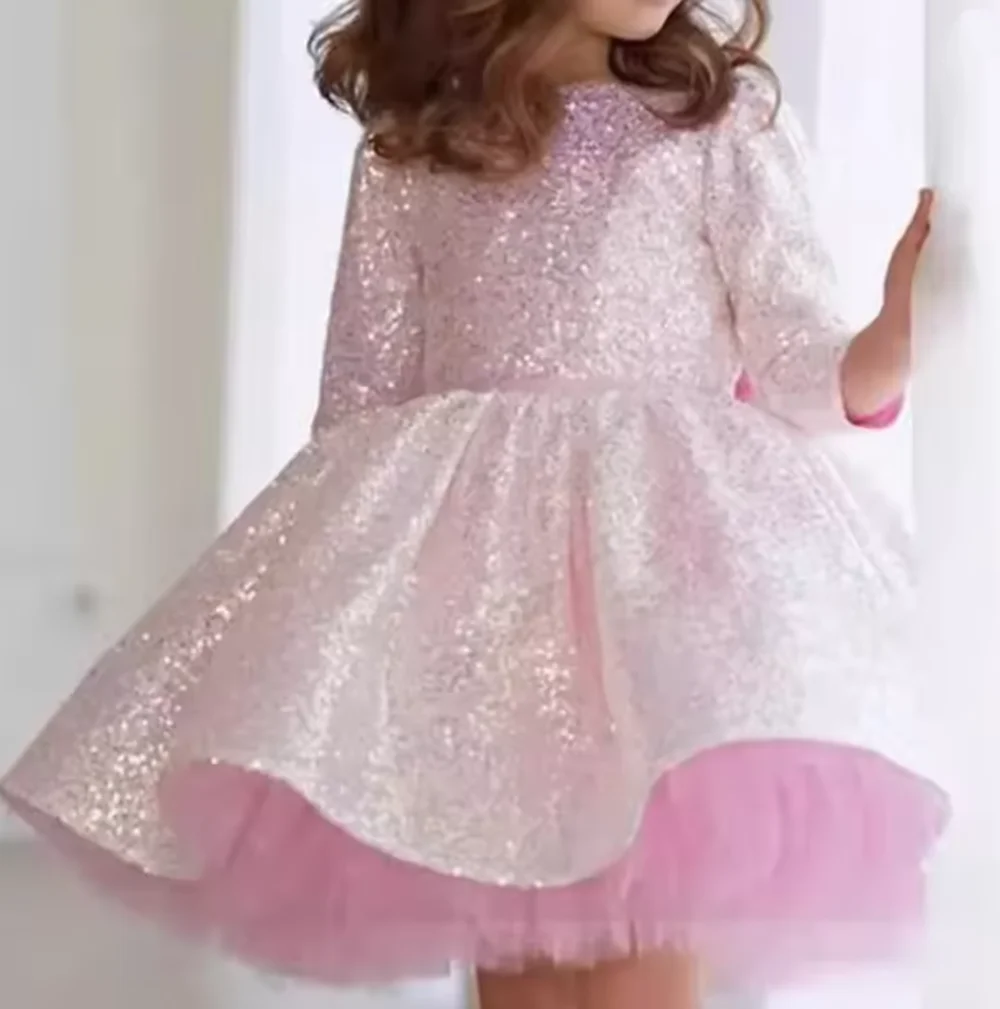 Robe de soirée rose scintillante pour petites filles, vêtements bouffants en Tulle pour filles, vêtements Eid, robes pour Occasions spéciales, fleur, nouvelle collection 2025