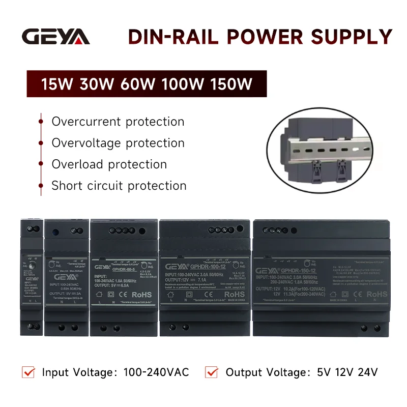 

GEYA HDR Series DIN Rail SMPS 15/30/60/100/150W | Universal Input 100-240VAC/140-340VDC | 5/12/24V Output