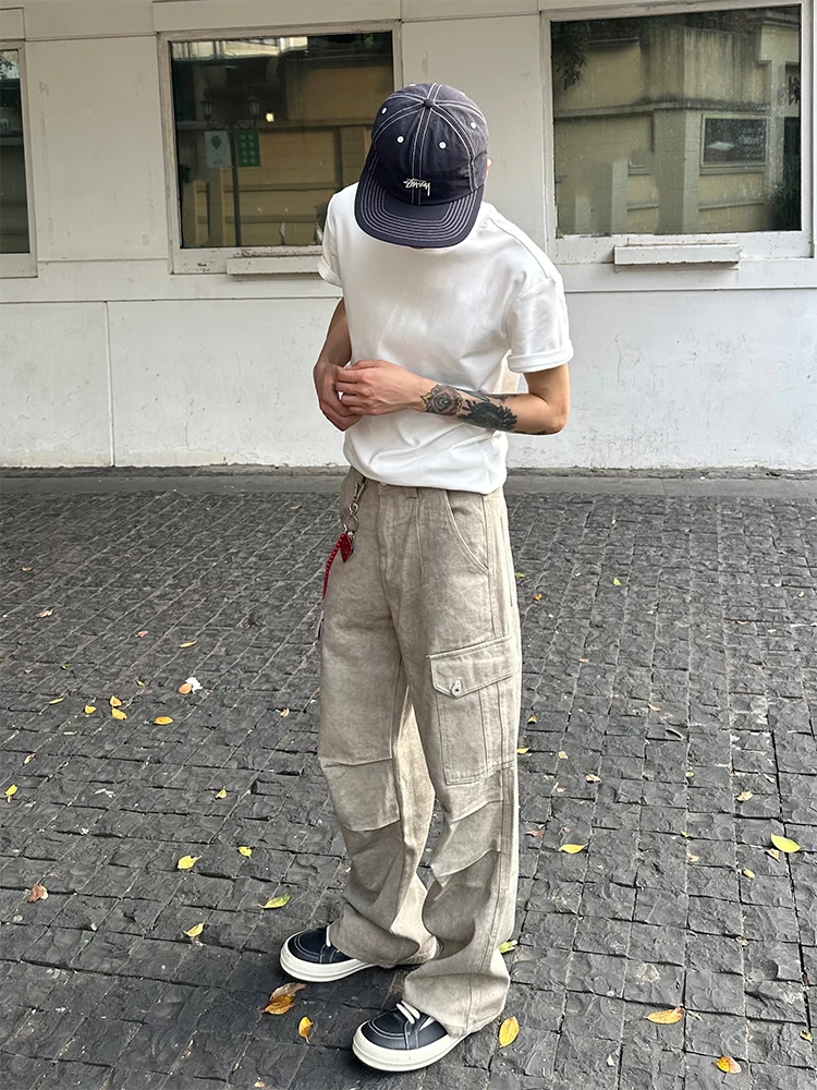 

American High Street Marble Pattern Casual Pants Wide Leg Workwear Trousers Paratrooper Pants Long Loose Fit Straight Leg