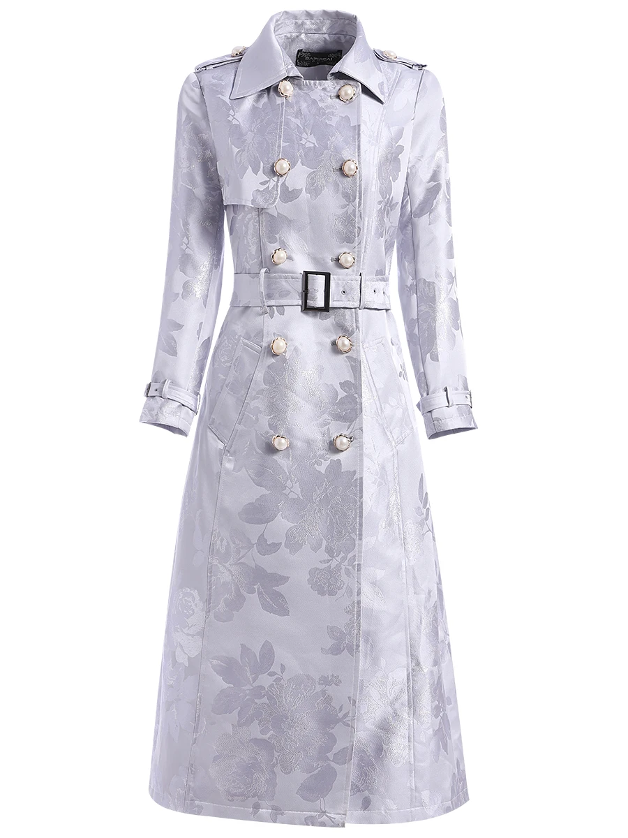 Imagem -06 - Elegante Francês Jacquard Trench Coat Duplo Breasted Prata Longo Flor Blusão com Cinto Outono Cabolsa Feminino