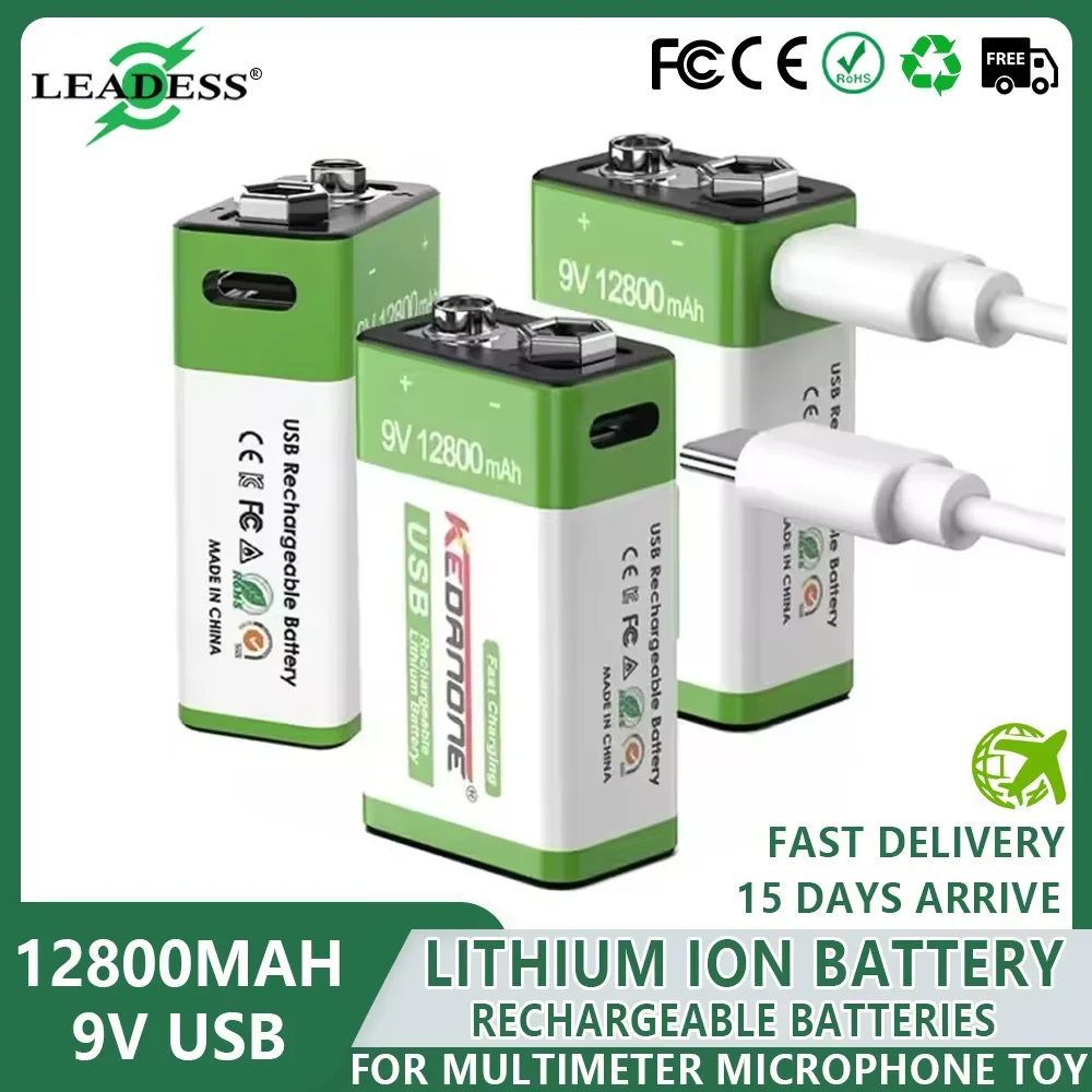 1–20 Stück 9 V wiederaufladbare Batterie 12800 mAh 9 V Li-Ion-Lithium-Batterie für Multimeter, Mikrofon, Spielzeug, Fernbedienung, E-Gitarre
