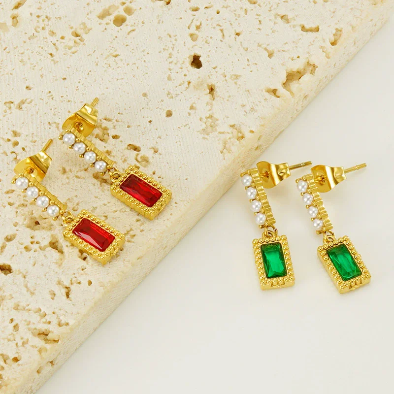 مربع حجر الراين قلادة تقليد اللؤلؤ وأقراط الفولاذ المقاوم للصدأ للنساء مطلي 18K الذهب القرط الأزياء والمجوهرات #2