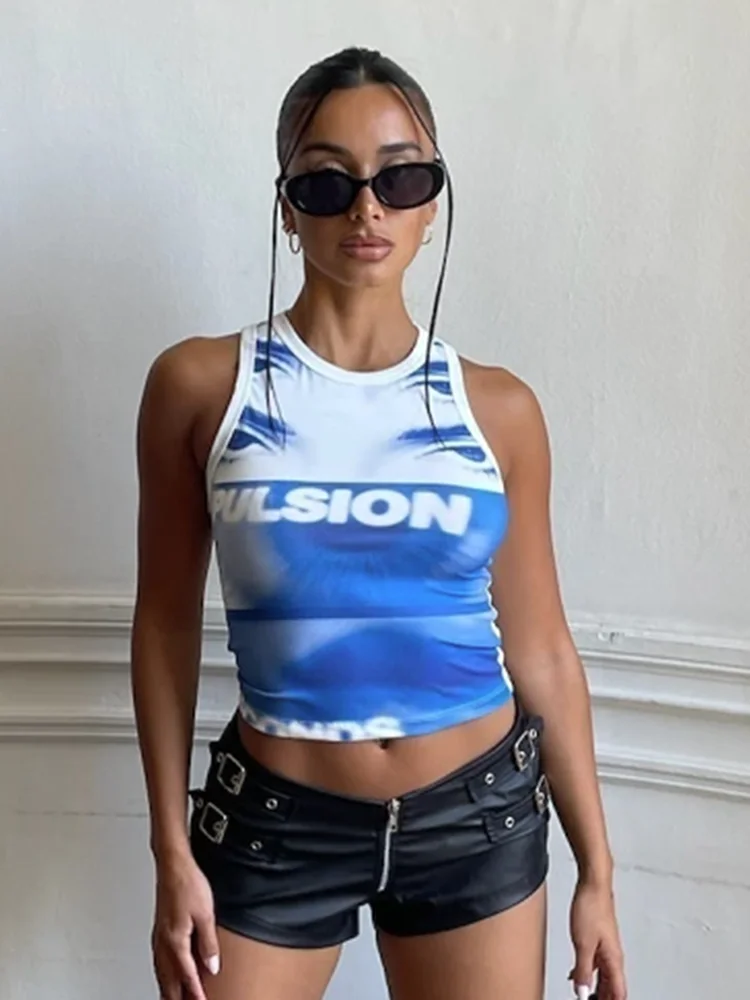 

Macheda Casual Ribbed Tank Tops Women Letter Print Patchwork o-Neck Summer Wild Basic High Stretch Street Mini Hipster Cool Vest