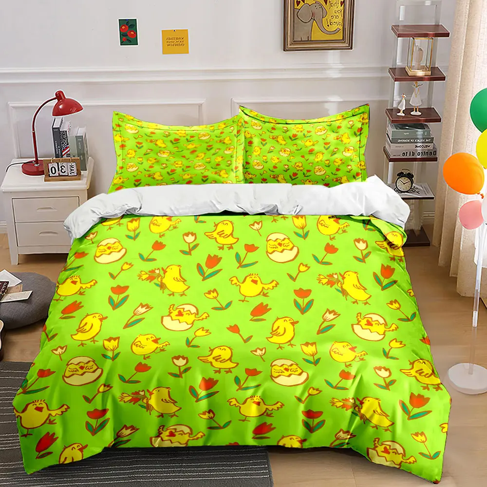 Cute chicks and flowers background Bedding Set for Kids Luxury Gift 3pcs Digital Print Comforter Set Soft Comfortable Breathable